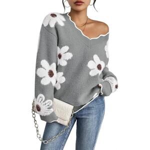 Women's Oversized V Neck Fuzzy Sweaters Grey Loose Long Sleeve Top